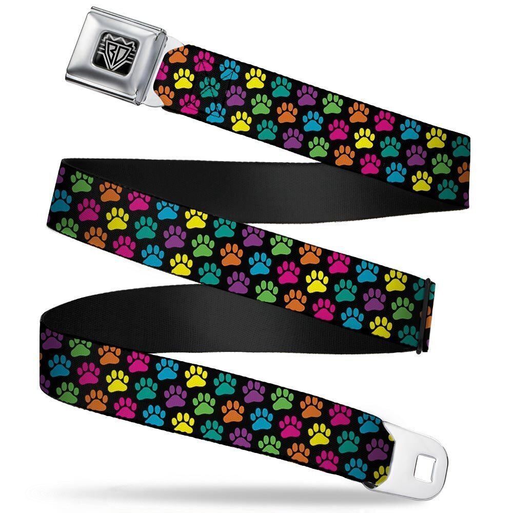 6486 Seatbelt Belt - Paw Print Black/Multi Color - 1.0" Wide - 20-36 Inches